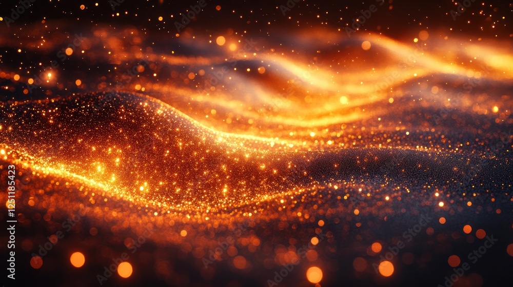 Fiery gold particles flowing, dark background, abstract art Fiery gold particles flowing, dark background, abstract art