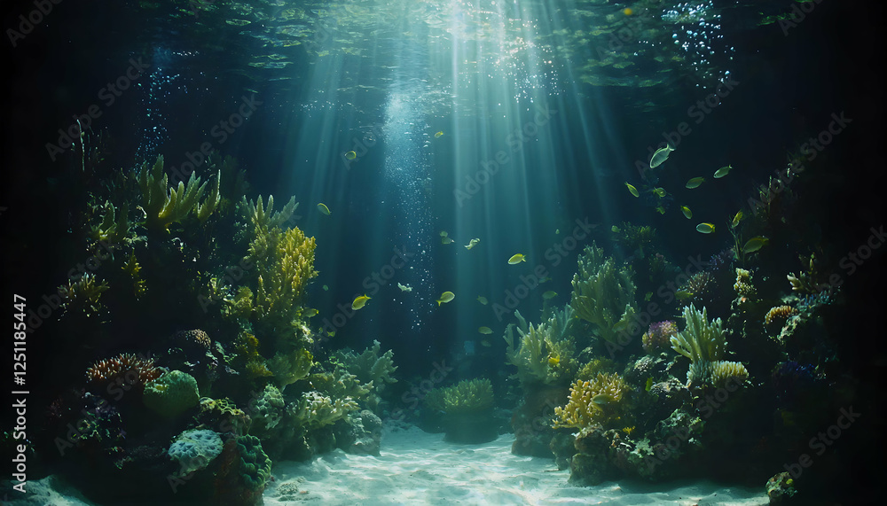 Obraz premium Serene underwater scene, sunbeams illuminating vibrant coral reef and diverse fish. Ideal for nature documentaries, travel brochures, or calming backgrounds.