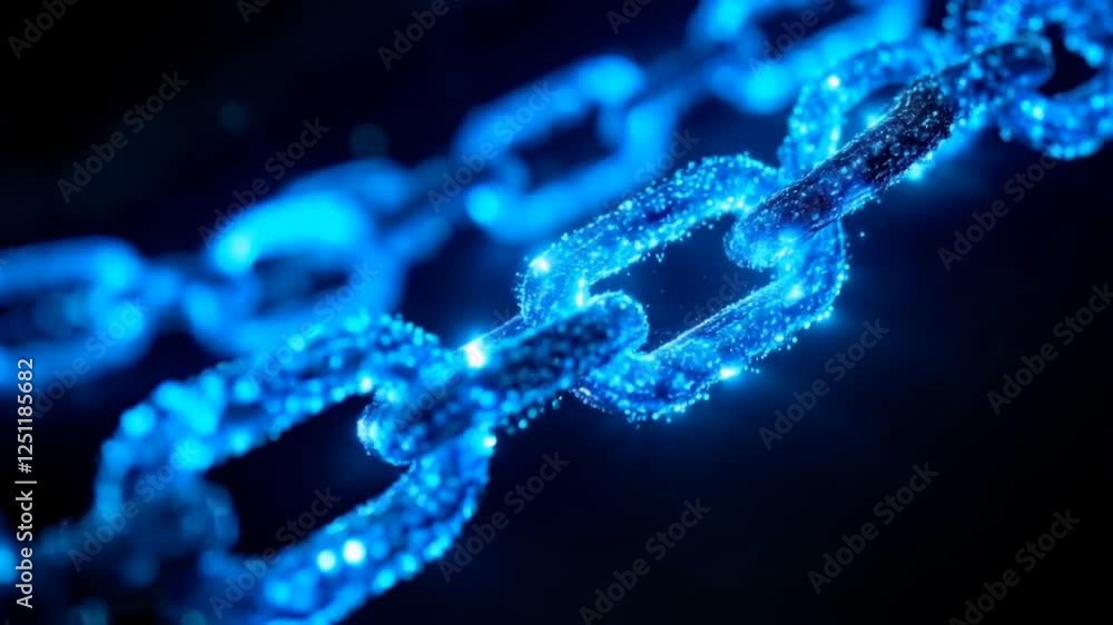 Close-up of glowing digital chain links in vibrant blue light on dark background. Blockchain and technology concept
Close-up of glowing digital chain links in vibrant blue light on dark background. Blockchain and technology concept