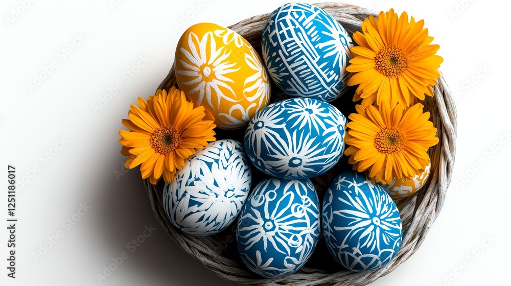 a floweradorned Easter basket with eggs painted in floral patterns, delicate botanical art, isolated on white background a floweradorned Easter basket with eggs painted in floral patterns, delicate botanical art, isolated on white background