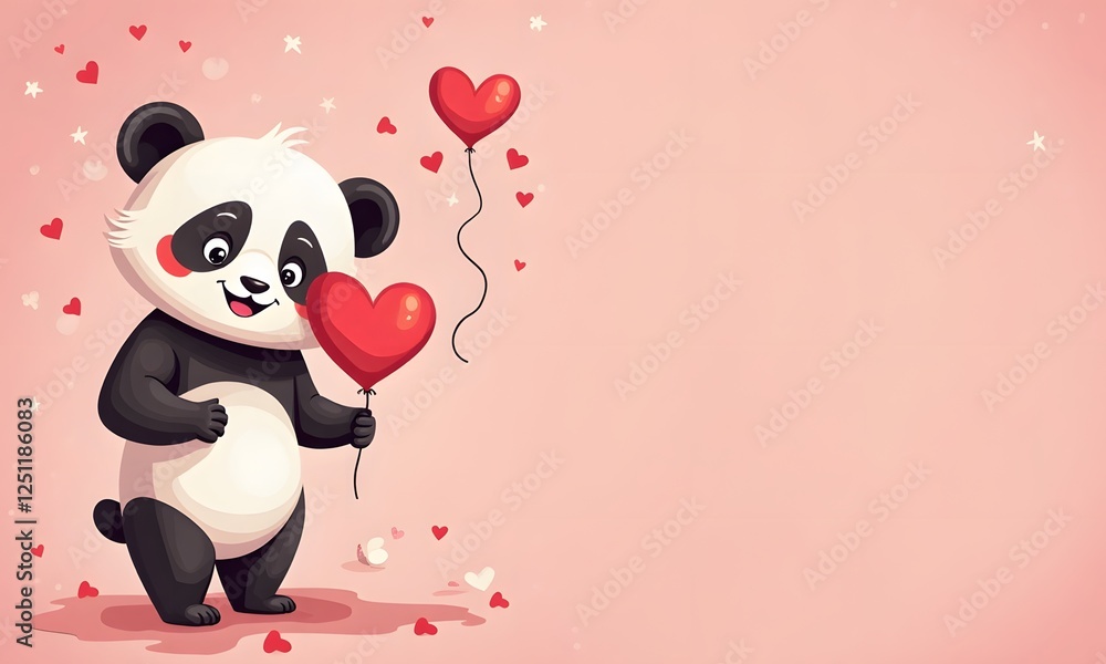 Naklejka premium Delighted Panda with Double Heart Balloons Among Stars and Hearts