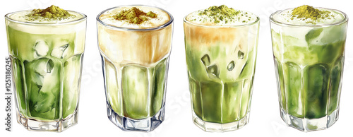 Beautiful watercolor painting of iced matcha latte drinks in glass cups with vibrant green colors and creamy textures
