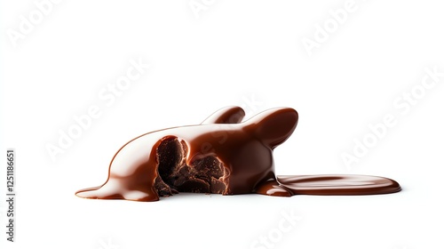 a broken chocolate bunny with caramel oozing out, delicious food photography, rich details, isolated on white background photo