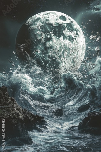 A surreal image of the Moon colliding with Earth, unleashing catastrophic tidal waves and shattered landscapes. photo