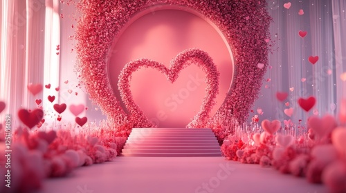 Romantic Wedding Ceremony Setup - Pink floral heart archway wedding backdrop, aisle decorated with pink hearts and flowers, creating a romantic and dreamy atmosphere. photo