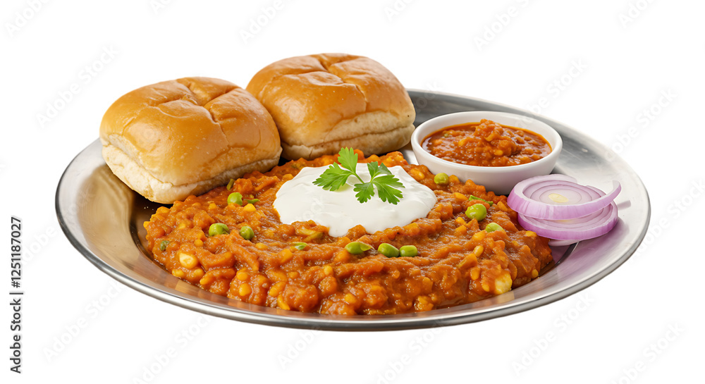 Plate of pav bhaji garnished with butter and served with fresh bread buns and sliced onions. Plate of pav bhaji garnished with butter and served with fresh bread buns and sliced onions.