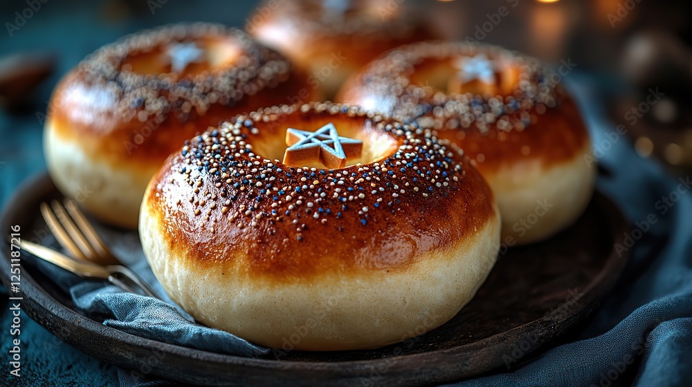 Embrace Hanukkah customs with a top-view image of a plate with sufganiyot, a napkin, cutlery, a Star of David, and menorah signs against a blue backdrop, perfect for promotion or advertising.