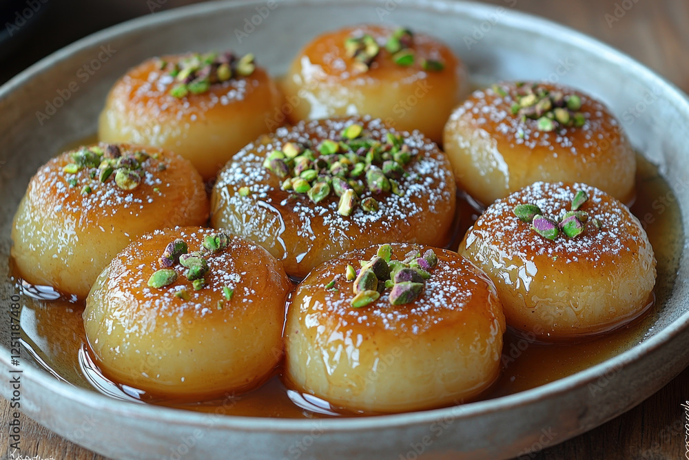 Sweet dumplings in syrup with pistachios, close-up on plate Sweet dumplings in syrup with pistachios, close-up on plate