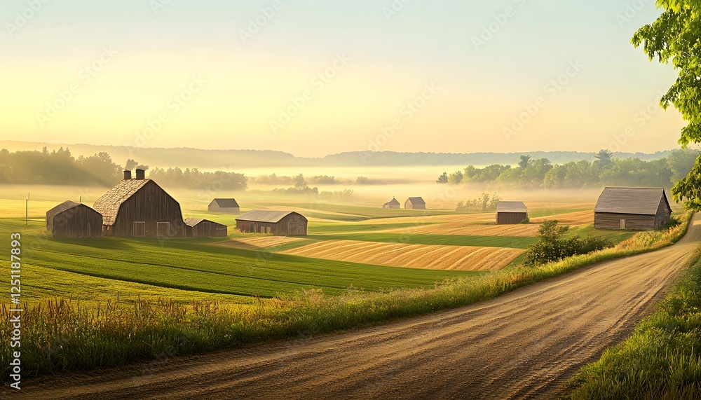 Obraz premium Serene Sunrise Over Misty Farmland With Rustic Barns