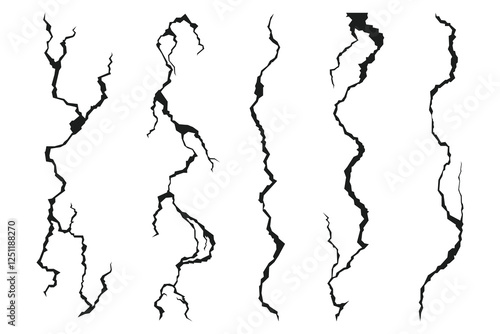 Ground cracks, vertical breaks on land surface isolated on white background. Vector illustration