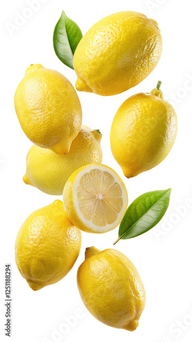 Wallpaper Mural Fresh Lemons with Sliced Lemon and Green Leaves - A collection of ripe yellow lemons with a sliced lemon in the center, surrounded by green leaves, on a white background.
 Torontodigital.ca