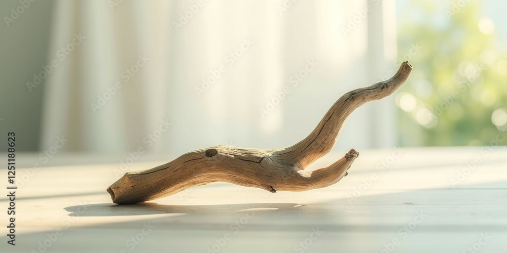 Fototapeta premium A branch is laying on a table. The branch is brown and has a few leaves on it