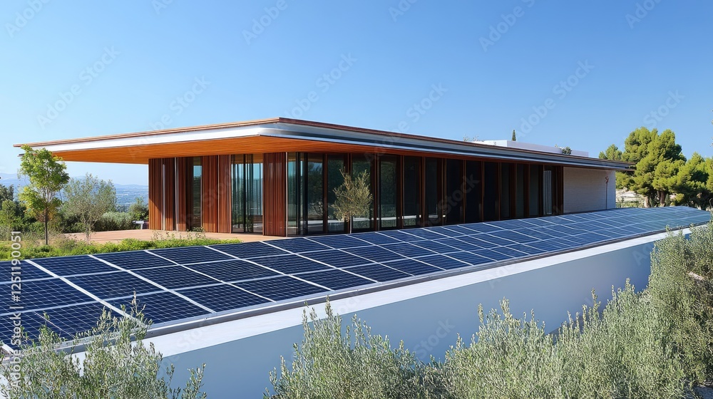 Solar panels on the rooftop of a modern eco-friendly building. Solar panels on the rooftop of a modern eco-friendly building.