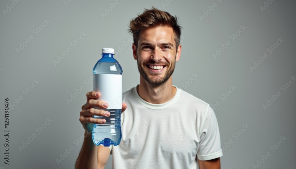 European man holding water bottle mockup on neutral background European man holding water bottle mockup on neutral background