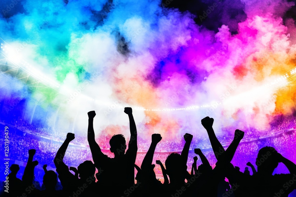 Crowd Celebrating at a Stadium - Silhouetted crowd cheering at a stadium event with colorful smoke and lights. Energetic and exciting atmosphere. Crowd Celebrating at a Stadium - Silhouetted crowd cheering at a stadium event with colorful smoke and lights. Energetic and exciting atmosphere.