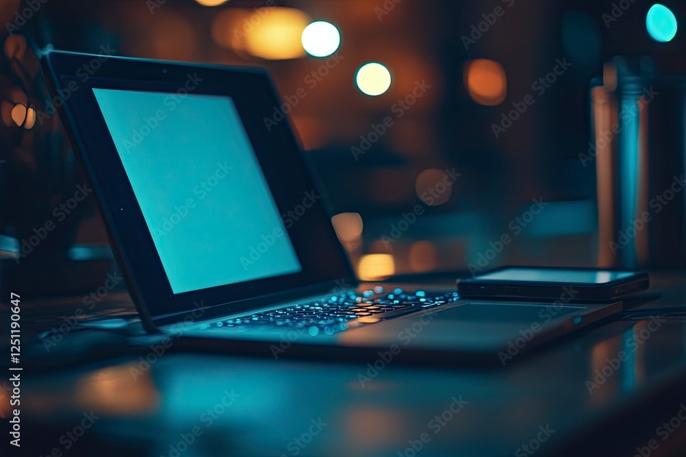 A close-up of an open laptop with a blank screen on the table, next to it is a mobile phone, with a blurred background, a mockup template, a mock-up for presentation design A close-up of an open laptop with a blank screen on the table, next to it is a mobile phone, with a blurred background, a mockup template, a mock-up for presentation design