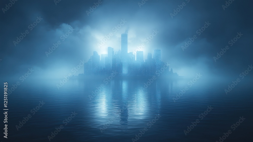 Naklejka premium Foggy city island, night, reflection, mystery, concept art