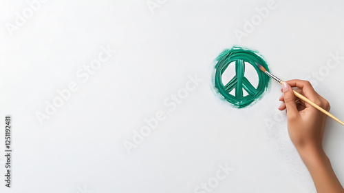 Female hand holding a fine brush painting a peace sign in green, symbolizing unity and hope. A perfect image for marketing, awareness campaigns, and conceptual art. Selective focus