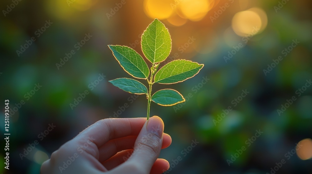 Hand holding a young leaf at sunset Hand holding a young leaf at sunset