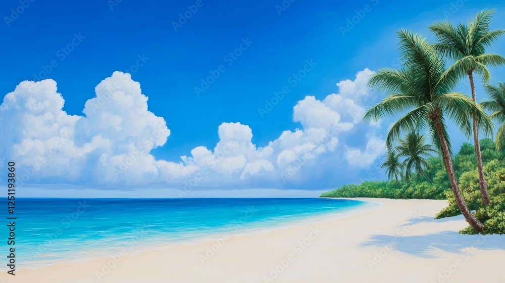 Fototapeta premium Tropical Beach Paradise - Serene beach, turquoise water, fluffy clouds, palm trees, soft sand. Symbolizing peace, tranquility, escape, paradise, summer.