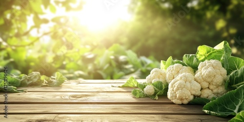 Fresh Caulifower on Wooden Table in Sunny Garden photo