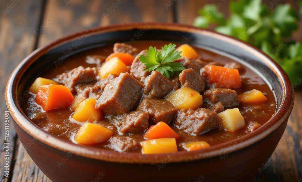 Hearty beef stew in a rustic bowl Hearty beef stew in a rustic bowl