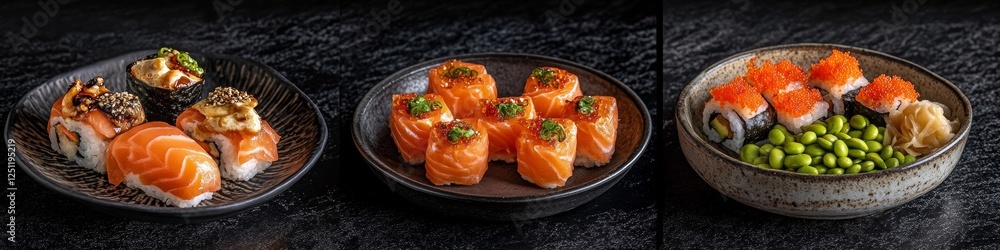 Assortment of Delicious Sushi Rolls, Nigiri and Edamame, Food Photography on Black Background Assortment of Delicious Sushi Rolls, Nigiri and Edamame, Food Photography on Black Background