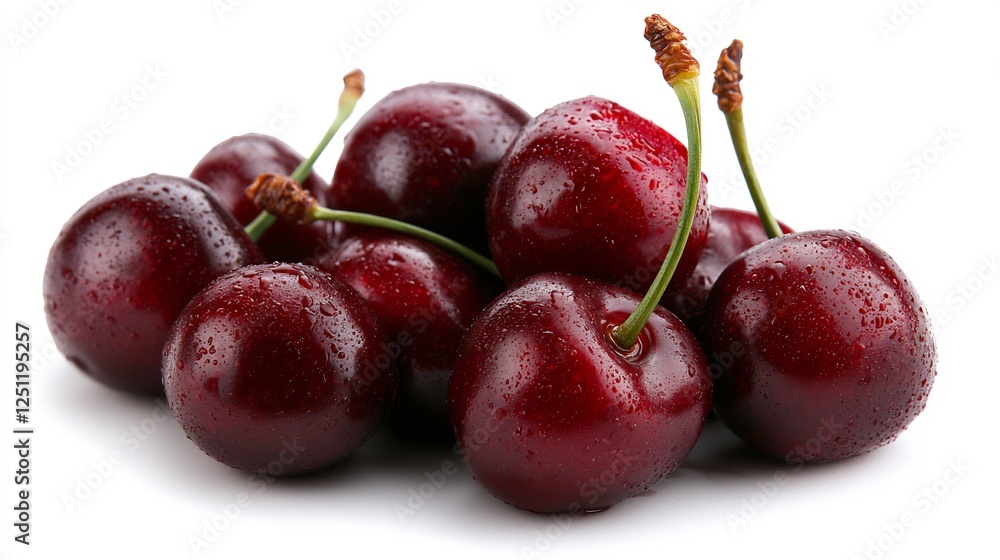 Detailed Close-up Macro Shot of Fresh Juicy Ripe Red Cherries with Water Droplets on White Detailed Close-up Macro Shot of Fresh Juicy Ripe Red Cherries with Water Droplets on White