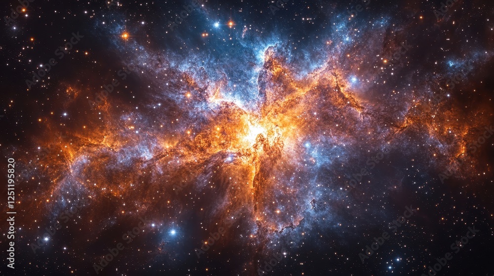 Fototapeta premium Cosmic Nebula Fiery stellar birth, space dust, background stars, astronomy education