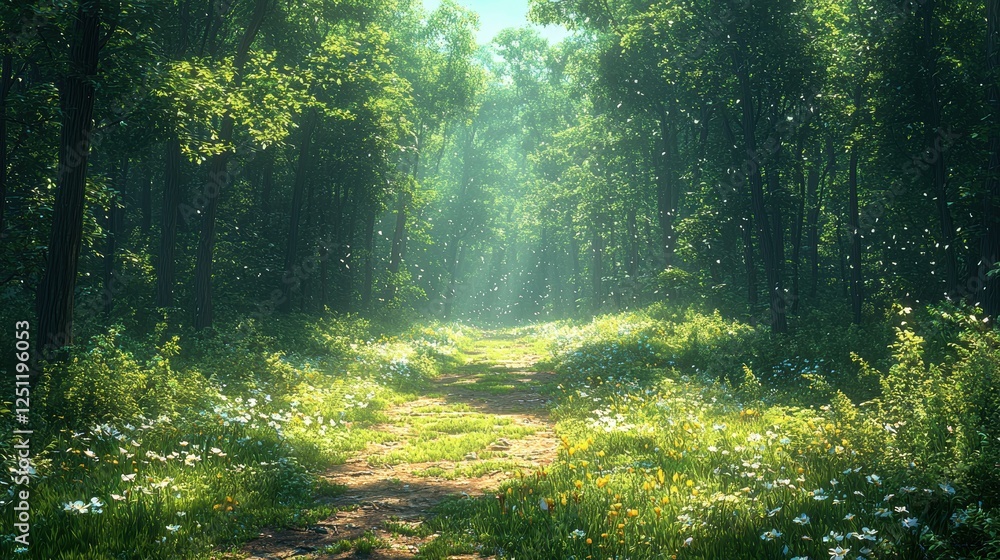Obraz premium Lush forest path illuminated by sunlight, inviting exploration and tranquility.