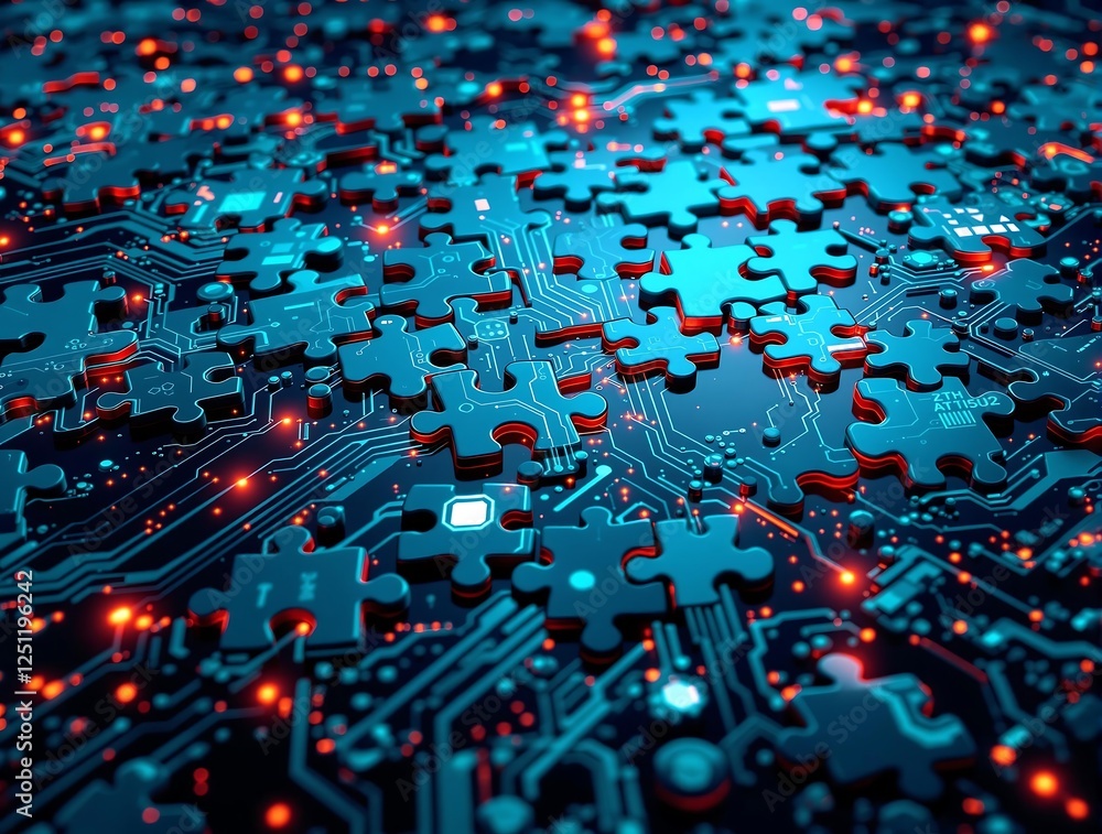 Puzzle Pieces with Circuit Patterns Symbolizing Microservices Integration