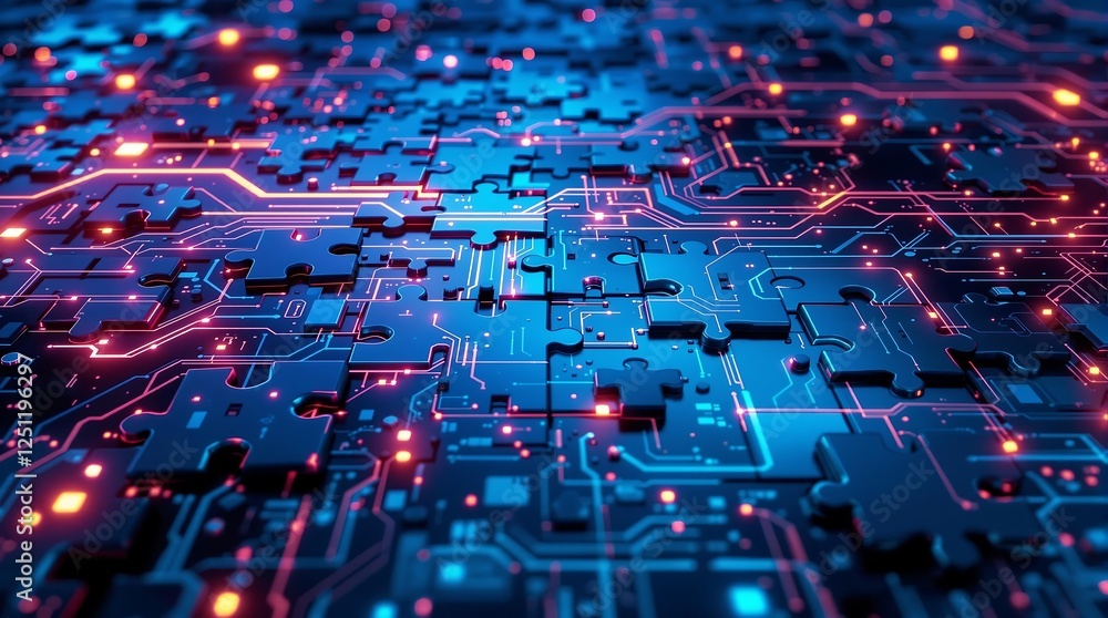 Puzzle Pieces with Circuit Patterns Symbolizing Microservices Integration