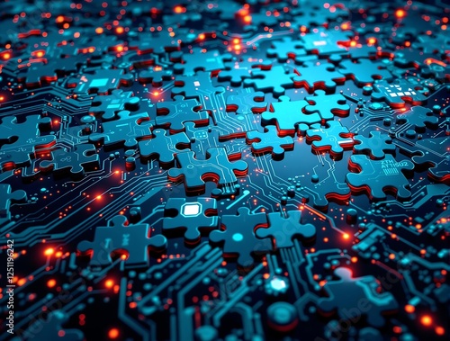 Obraz na płótnie Puzzle Pieces with Circuit Patterns Symbolizing Microservices Integration w salonie