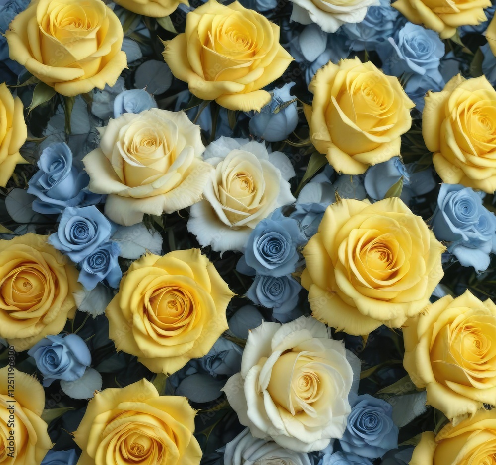 Abstract background with a loose arrangement of bright yellow and pale blue roses in a whimsical shape, blue, arrangement Abstract background with a loose arrangement of bright yellow and pale blue roses in a whimsical shape, blue, arrangement