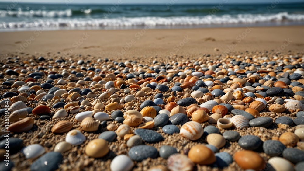 Seashells and pebbles blanket a sandy beach, ocean waves softly rolling in the background. Seashells and pebbles blanket a sandy beach, ocean waves softly rolling in the background.