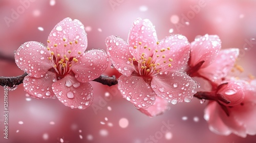 A close-up of delicate pink cherry blossoms on a branch, set against a soft blue background with subtle bokeh effects.