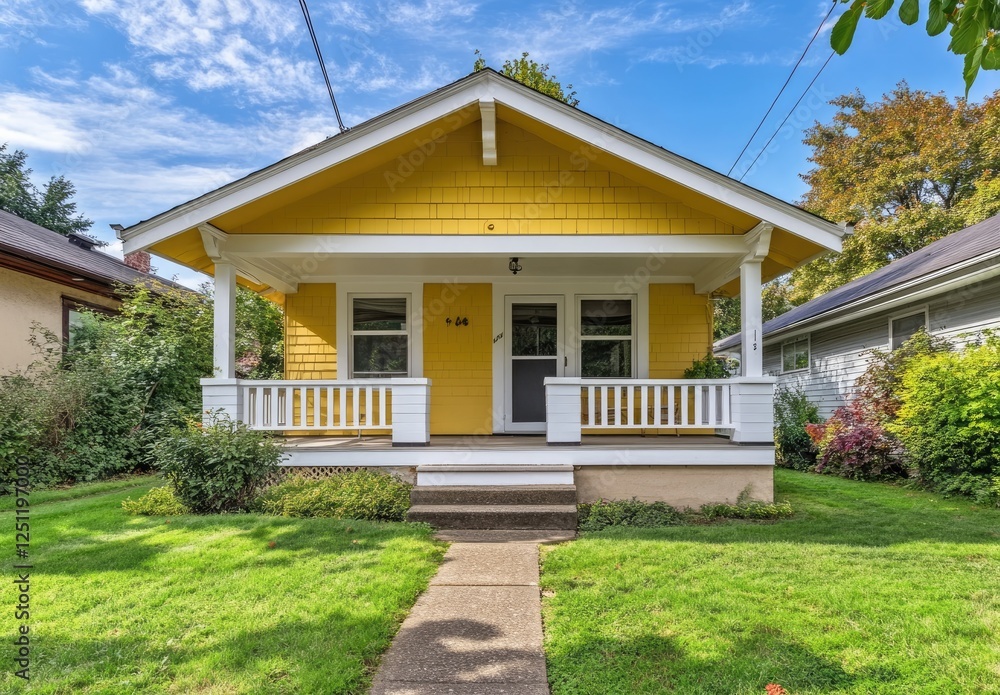 A small, yellow craftsman bungalow home with white trim, green grass in the front yard, and a fence. A small, yellow craftsman bungalow home with white trim, green grass in the front yard, and a fence.