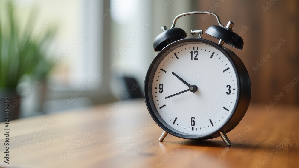 A classic black and white alarm clock with a flip clock design sits on a wooden table, with a blurred background of a plant and window. A classic black and white alarm clock with a flip clock design sits on a wooden table, with a blurred background of a plant and window.