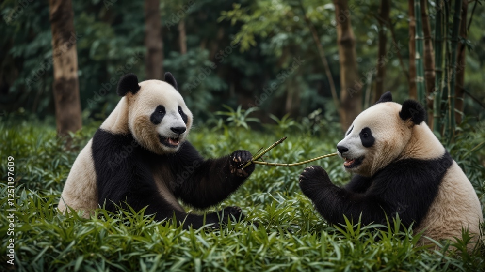 Obraz premium Two giant pandas playfully interact with bamboo in a lush, green environment, showcasing their gentle nature.