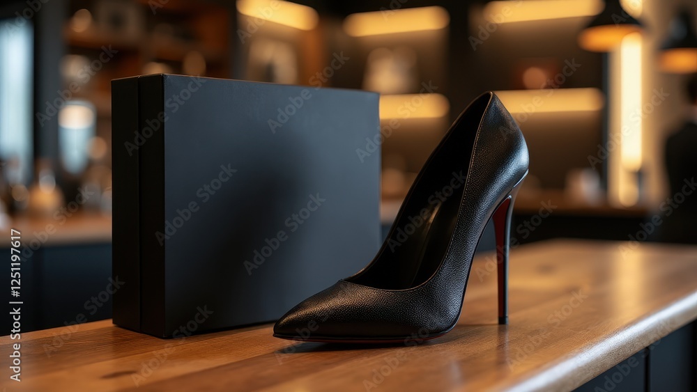 A sleek black high-heel shoe is displayed next to a matching black shoe box on a wooden surface, with a blurred background of a modern interior.