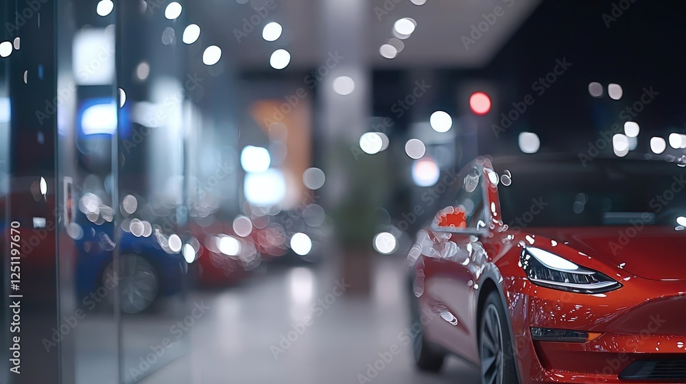 Red Electric Car Displayed In Night Showroom Red Electric Car Displayed In Night Showroom