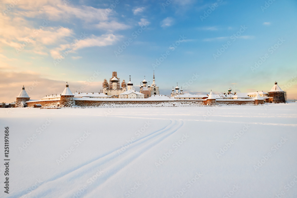 Fototapeta premium Solovki, Russia. Solovetsky Monastery. Winter on the Solovetsky Islands. Travel and tourism. Attractions, culture and religion