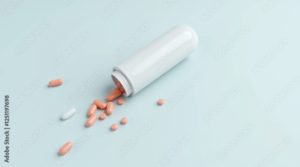 Naklejka premium 3D Render of Medical Pill Bottle and Scattered Pills