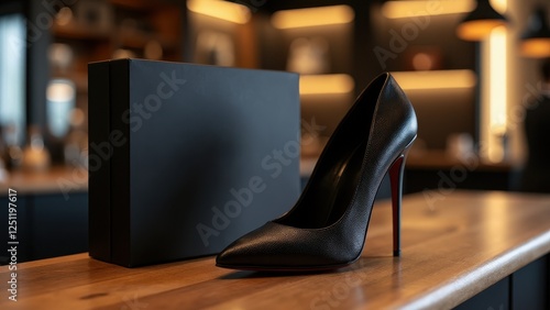 Obraz na płótnie A sleek black high-heel shoe is displayed next to a matching black shoe box on a wooden surface, with a blurred background of a modern interior. w salonie