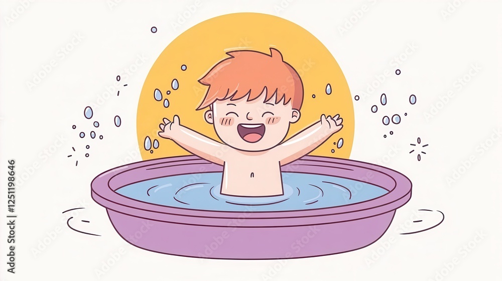 A cheerful toddler splashing in a backyard kiddie pool under the summer sun, depicted with playful minimal lines and pastel shading. A cheerful toddler splashing in a backyard kiddie pool under the summer sun, depicted with playful minimal lines and pastel shading.