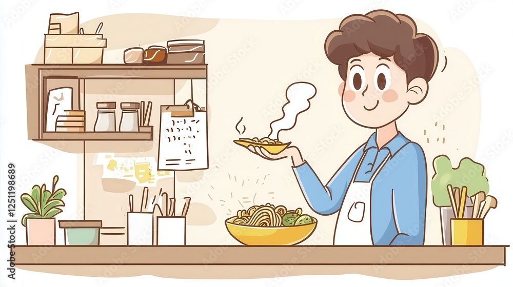 A chef serving a steaming bowl of ramen in a small, cozy restaurant, drawn in rich and inviting warm tones. A chef serving a steaming bowl of ramen in a small, cozy restaurant, drawn in rich and inviting warm tones.