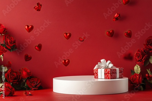 A podium for product presentation on a red background with roses and hearts floating around, a gift box with a ribbon wrapped around it lying next to the stand, a Valentine's Day theme,