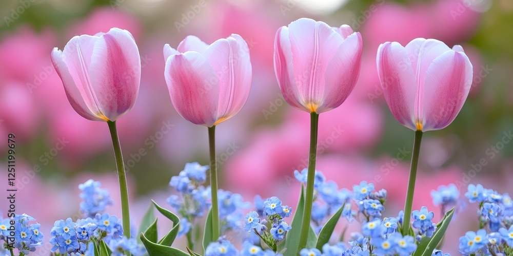 Fototapeta premium Pink Tulips and Blue Blossoms in Springtime Garden, with Pastel Background and Natural Lighting