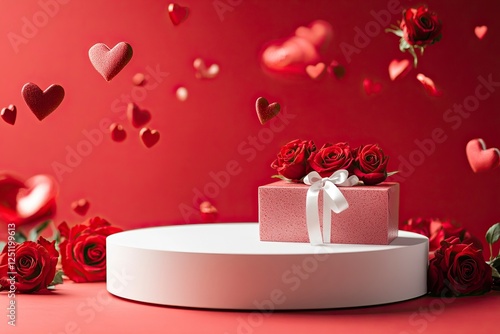 A podium for product presentation on a red background with roses and hearts floating around, a gift box with a ribbon wrapped around it lying next to the stand, a Valentine's Day theme,