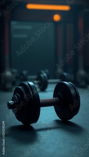 Close-up of black dumbbell on gym floor, fitness equipment in low light environment, strength training